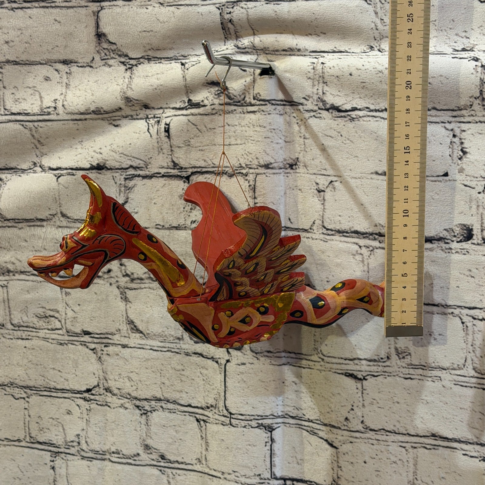 35cm Red Dragon Folk Art Carved Wood Flying Winged Mobile Spirit Guardian2