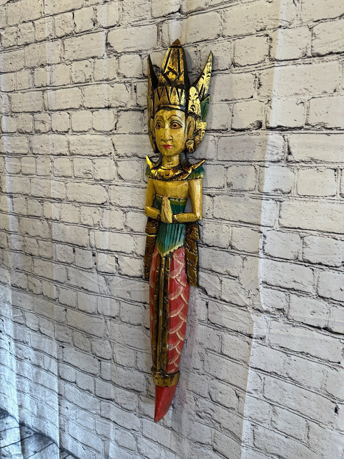 Old Antique Colour Sita Dewi Bali Rice Goddess Wings Mermaid Wood 80cm Pair2