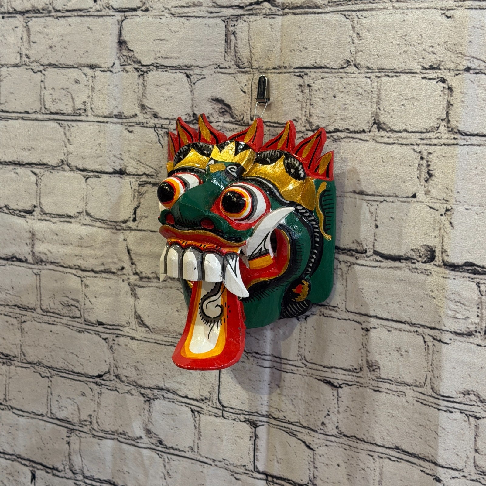 25cm Rangda Demon Green Dragon Hindu Deity Wooden Hand Carved Mask Painted1