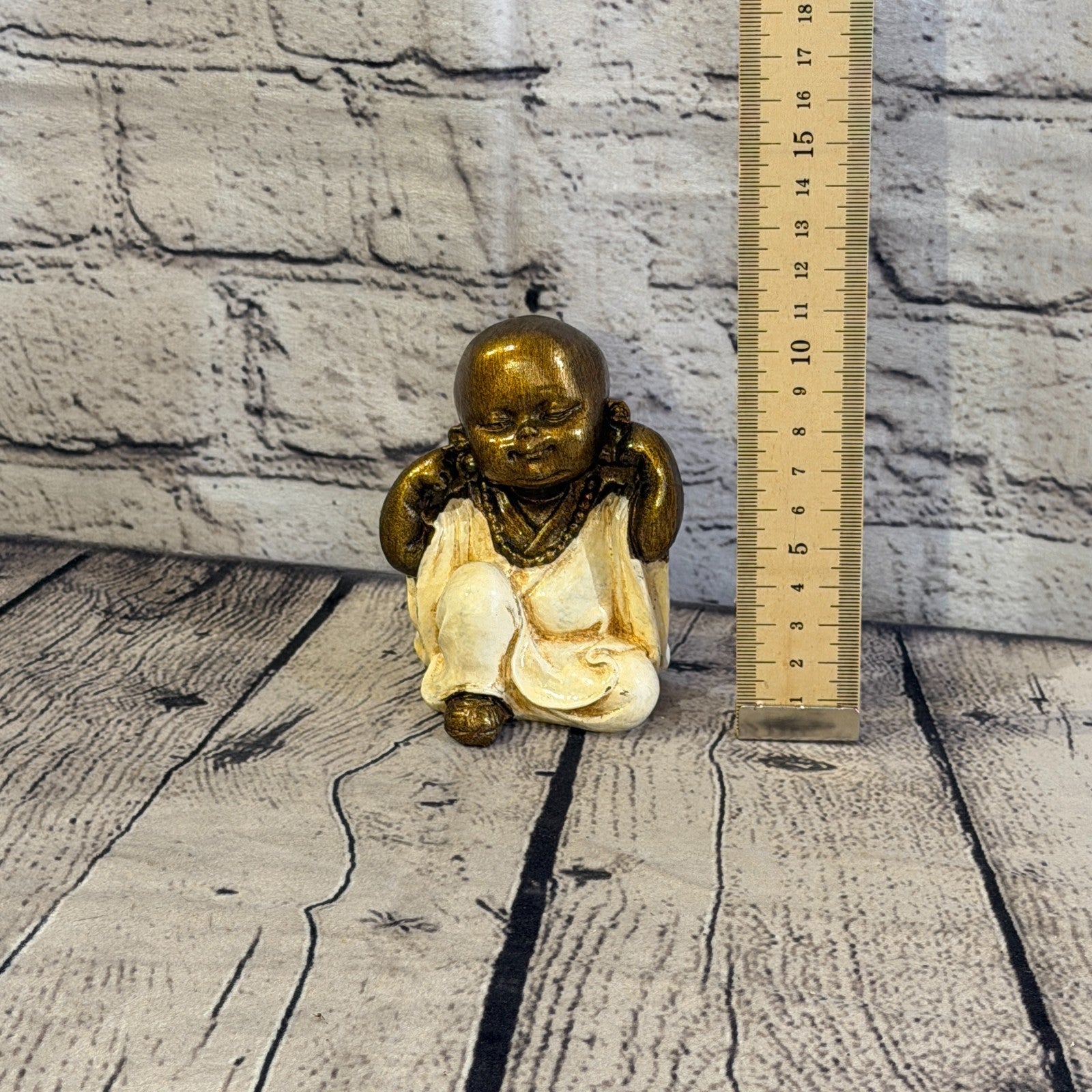 Cream 10cm Set Of 3 Wise Buddha Monks Sitting On Seat Statue Resin Hindu6