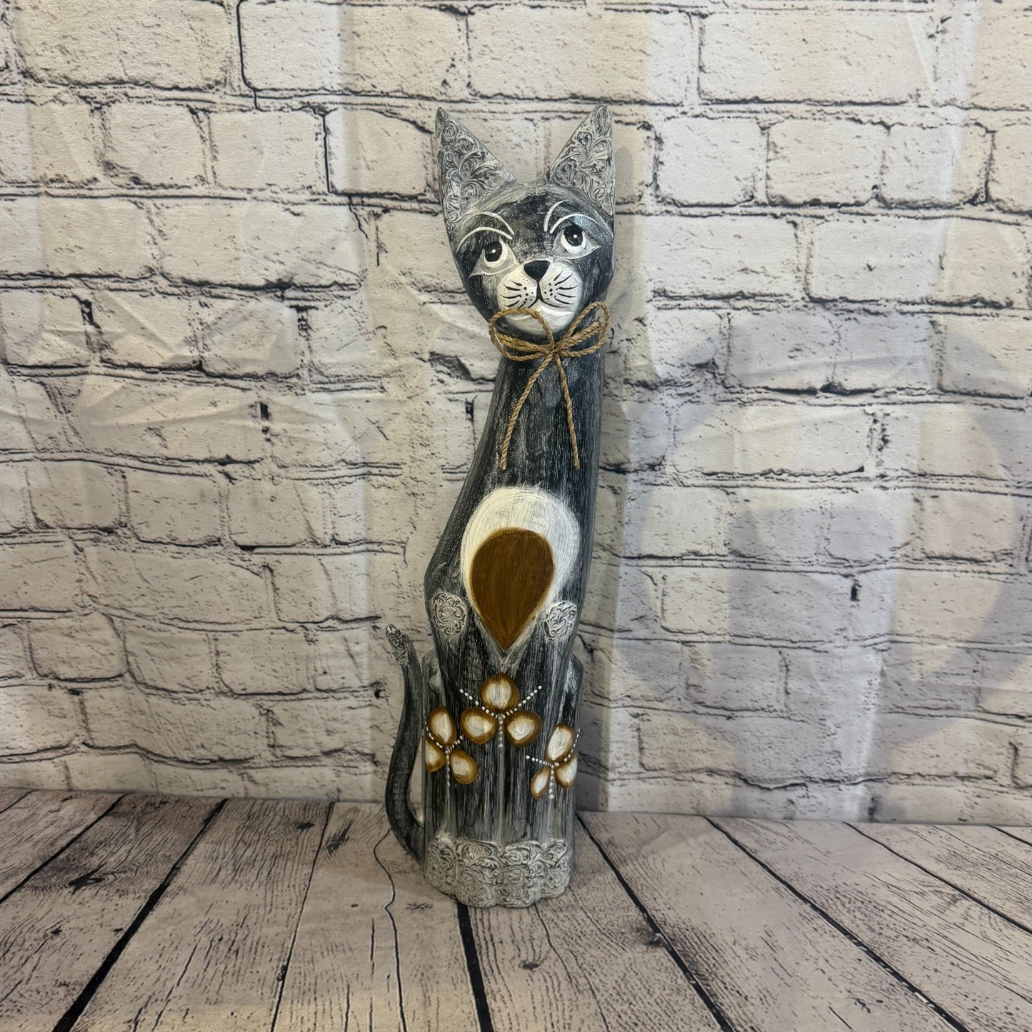 50cm Grey Silver Dots Wooden Shabby Cat Statue Ornament Fair Trade Handcarved0