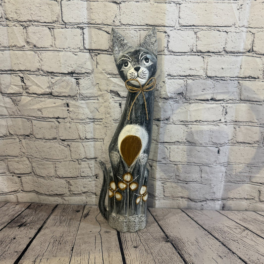 50cm Grey Silver Dots Wooden Shabby Cat Statue Ornament Fair Trade Handcarved0