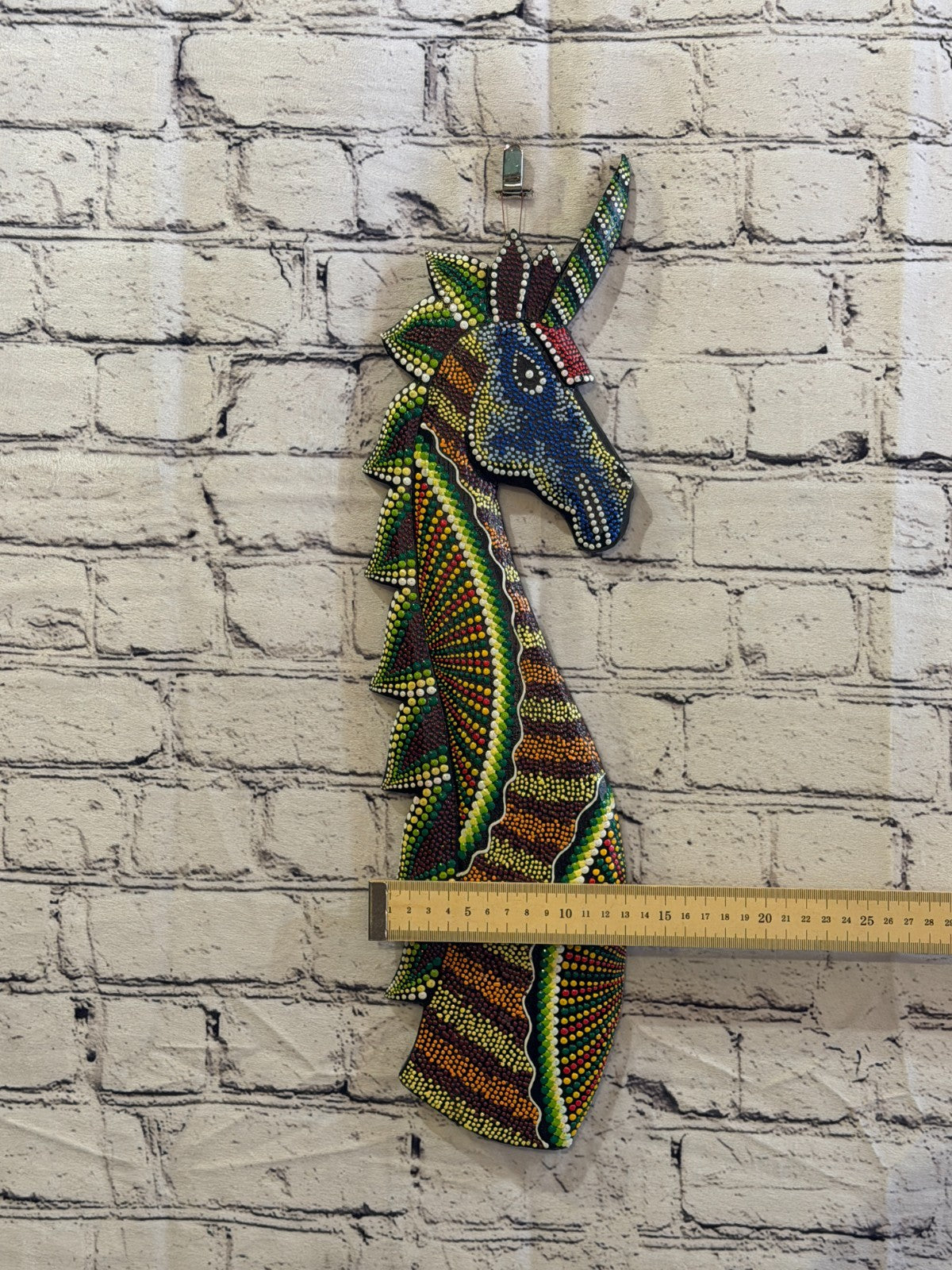 45cm Unicorn Carved Wooden Dot Painted Ethnic Tribal Tiki Wall Art No 63