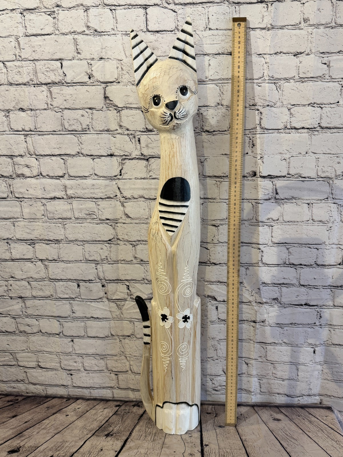 100cm White Flower Wooden Shabby Cat Statue Ornament Fair Trade Handcarved5