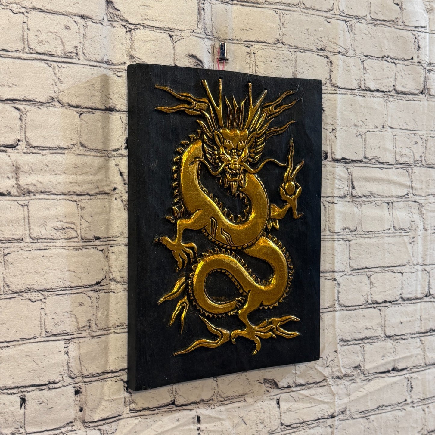 Wooden Wood Panel 40cm Black Gold Chinese Dragon Wall Art Plaque Handcarved0