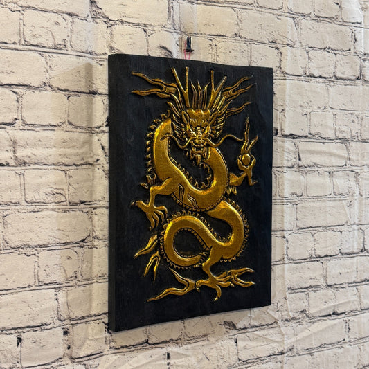 Wooden Wood Panel 40cm Black Gold Chinese Dragon Wall Art Plaque Handcarved0