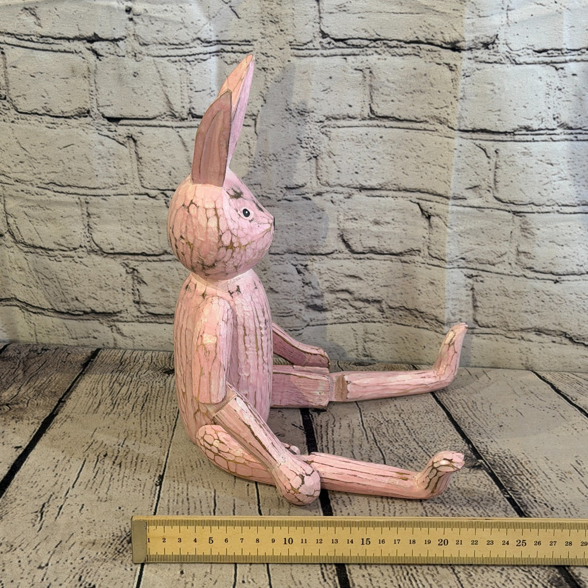 30cm Pink Bunny Rabbit Sitting Animal, Wooden Shelf Ornament Handmade Fairtrade7