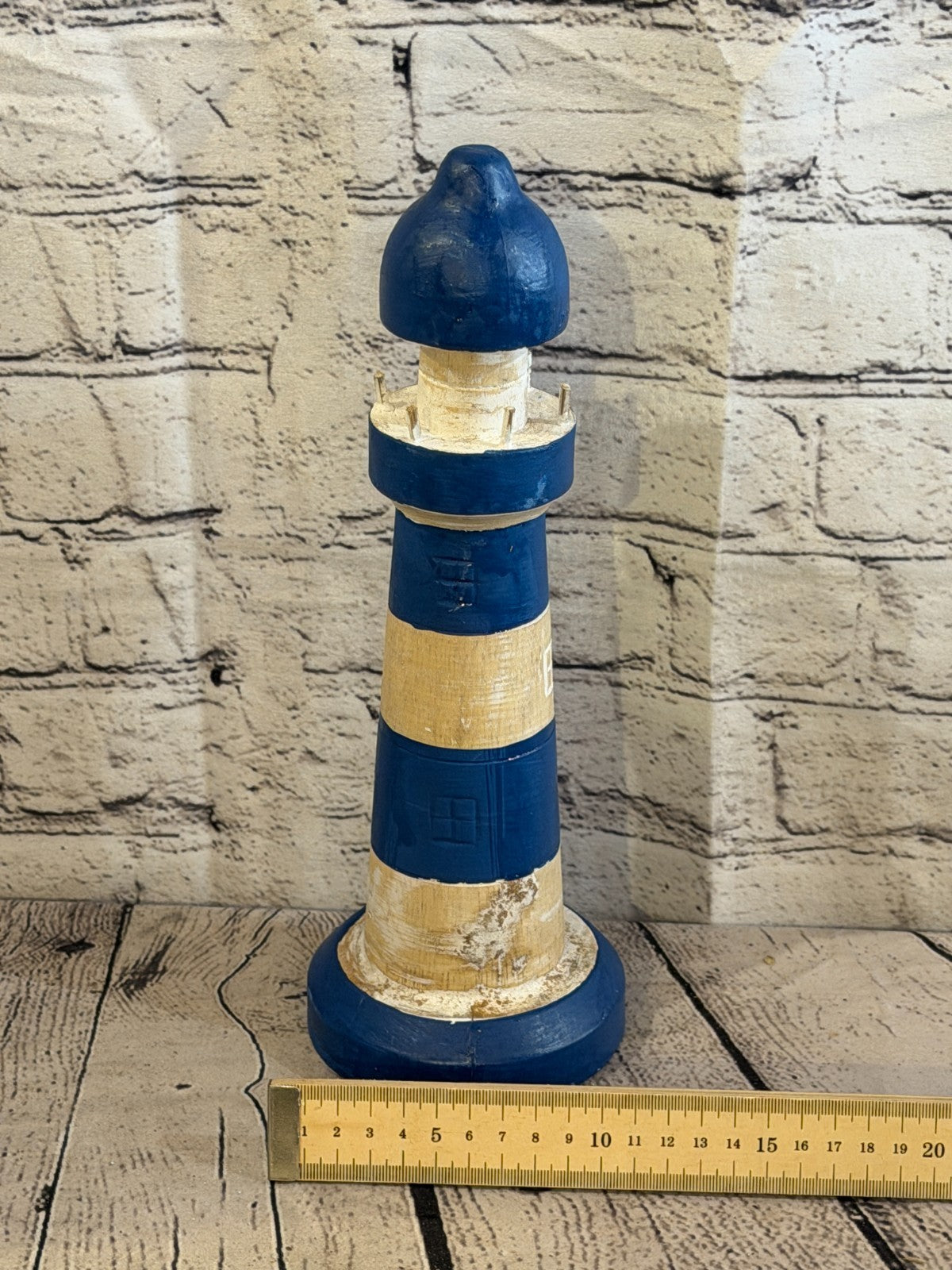 30cm Blue White Wooden Lighthouse Ornament Nautical Coastal Sculpture Statue4