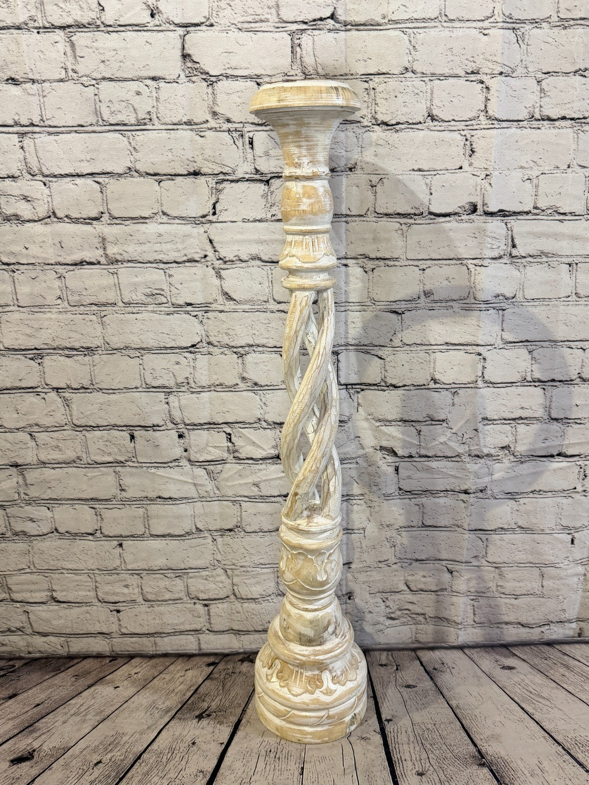 80cm x 18cm White Twist Wooden Vintage Style Candle Stand Shabby Pillar Holders0