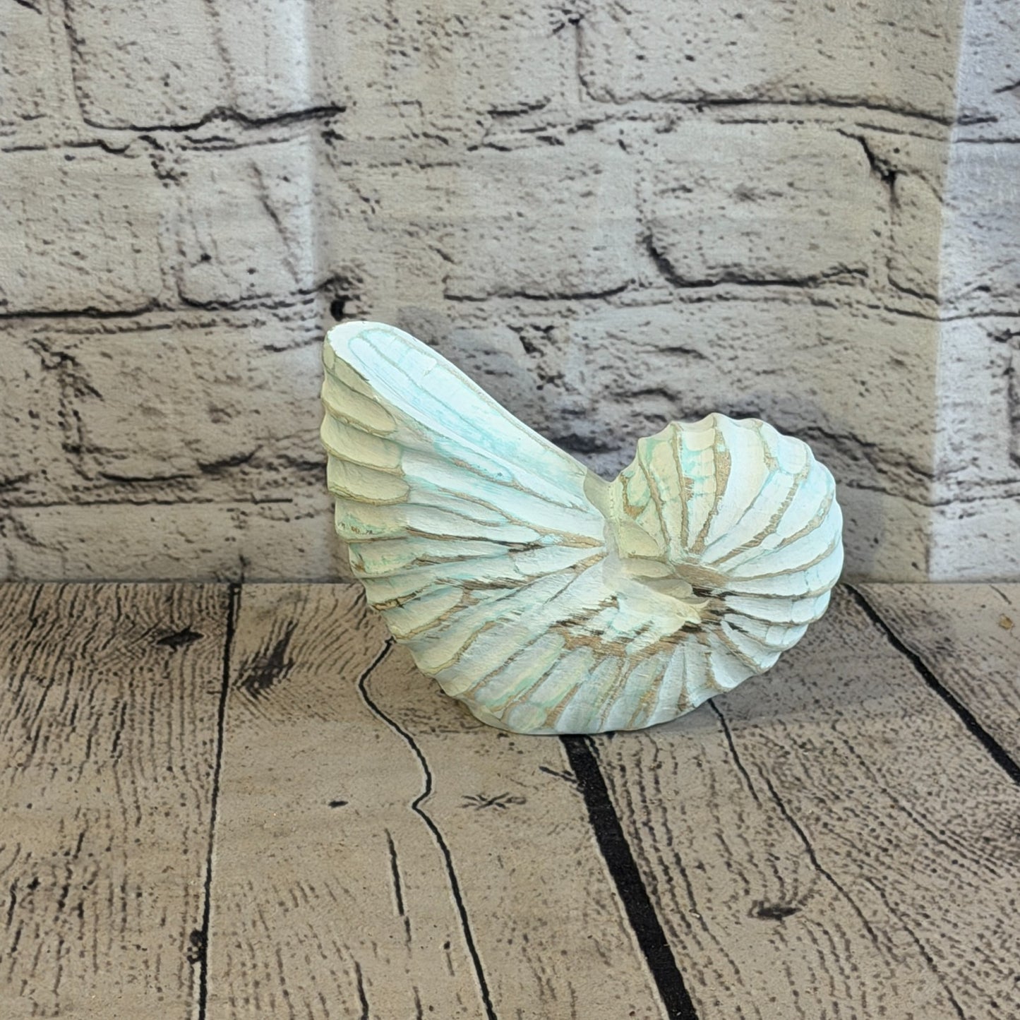 15cm Green Shabby Pastel Nautilus Shell Ornament Decor Carved Light Wood Figure3