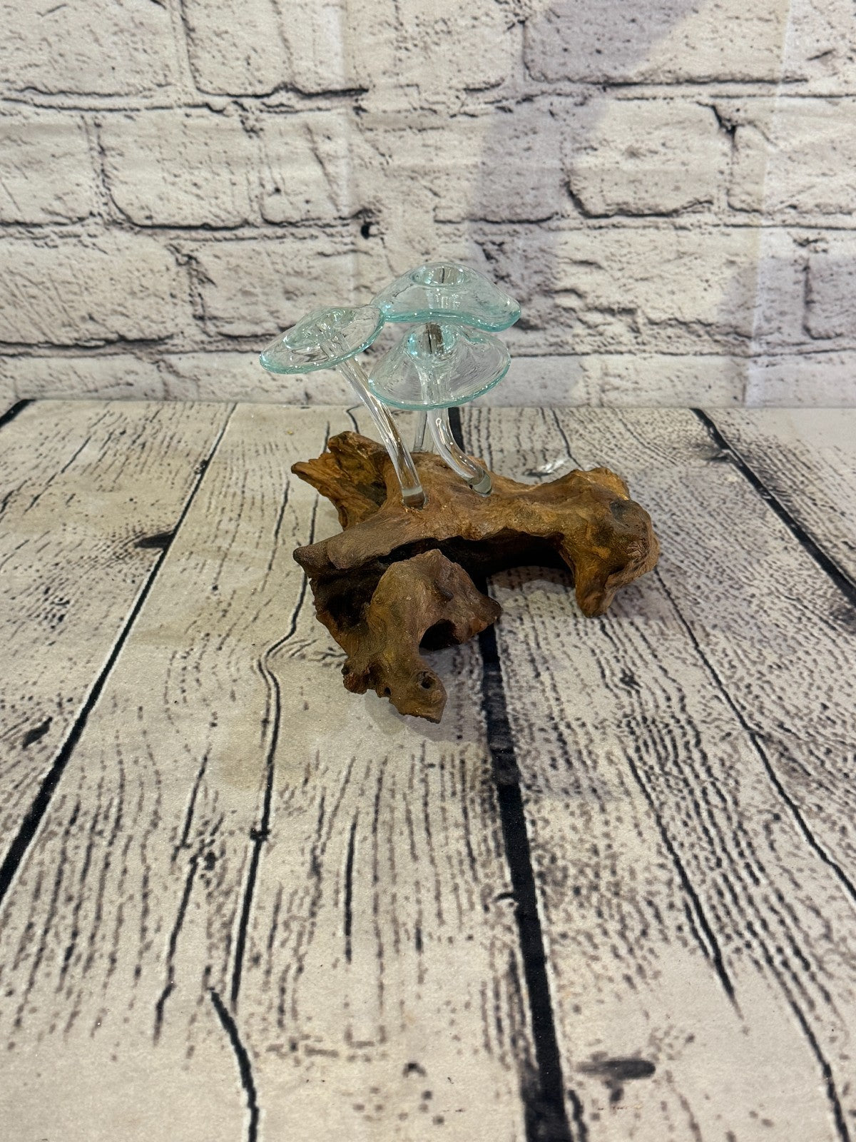 10cm Tall 3 Mushrooms Clear Colour Melted Glass Wood Decorative Glass Sculpture1