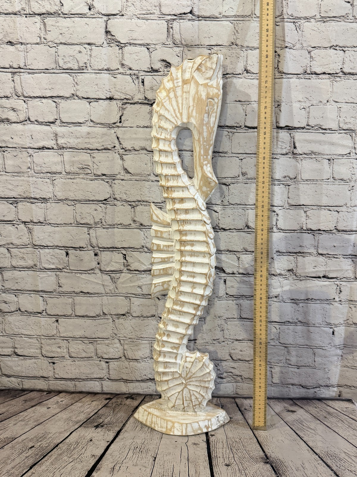 80cm White Wooden Shabby Seahorse Statue Ornament Fair Trade Handcarved5