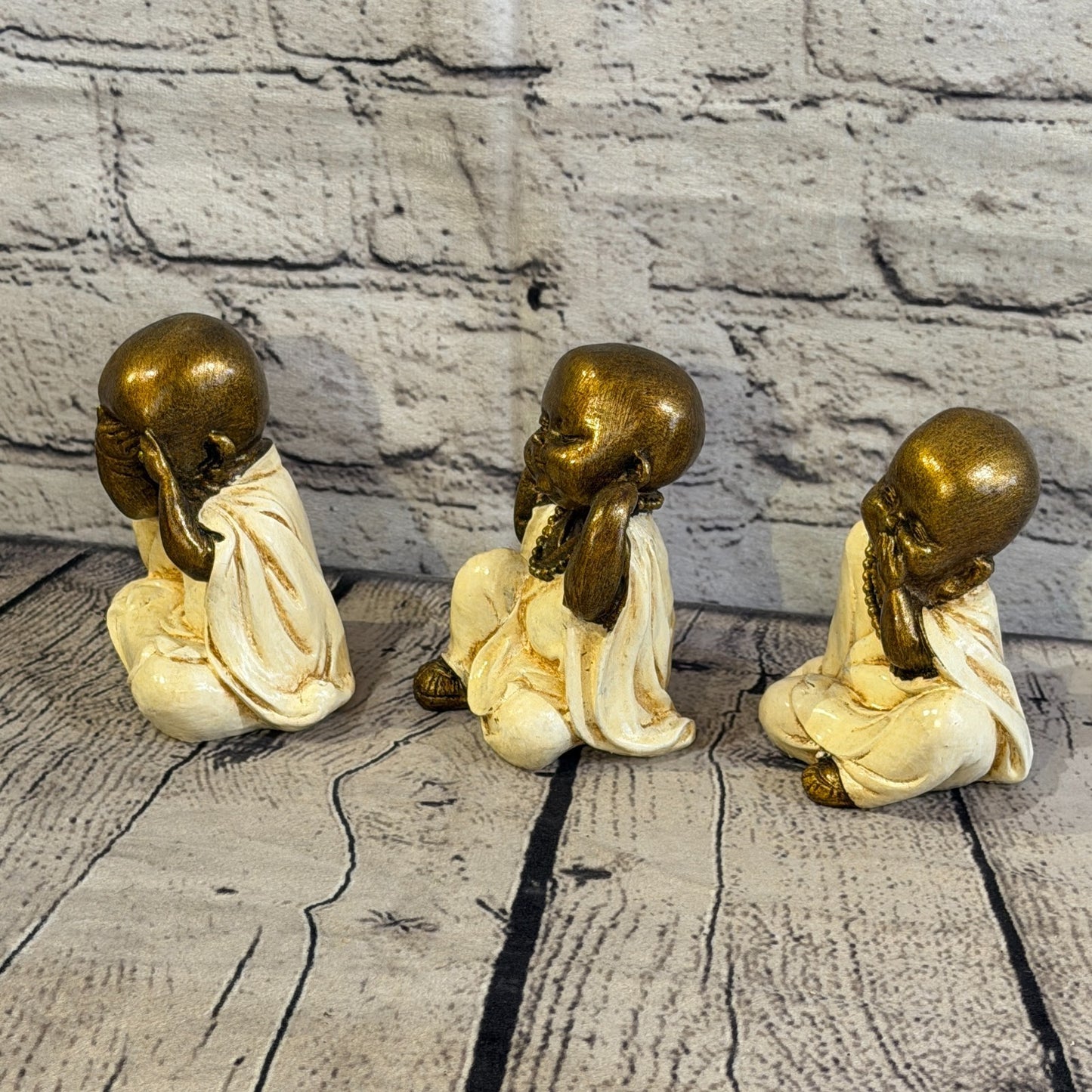 Cream 10cm Set Of 3 Wise Buddha Monks Sitting On Seat Statue Resin Hindu1