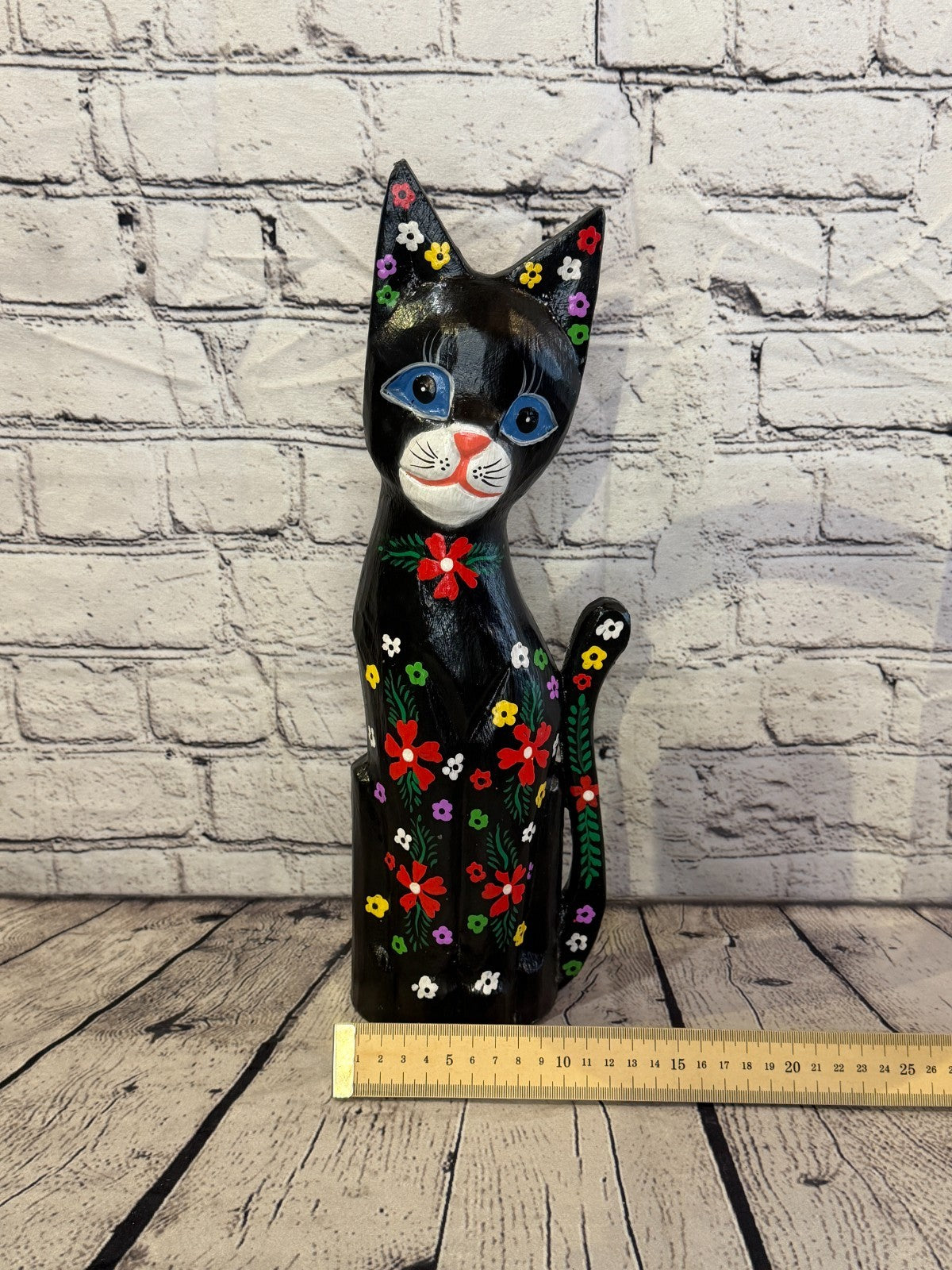 40cm Black Mix Flower Wooden Shabby Cat Statue Ornament Fair Trade Handcarved6