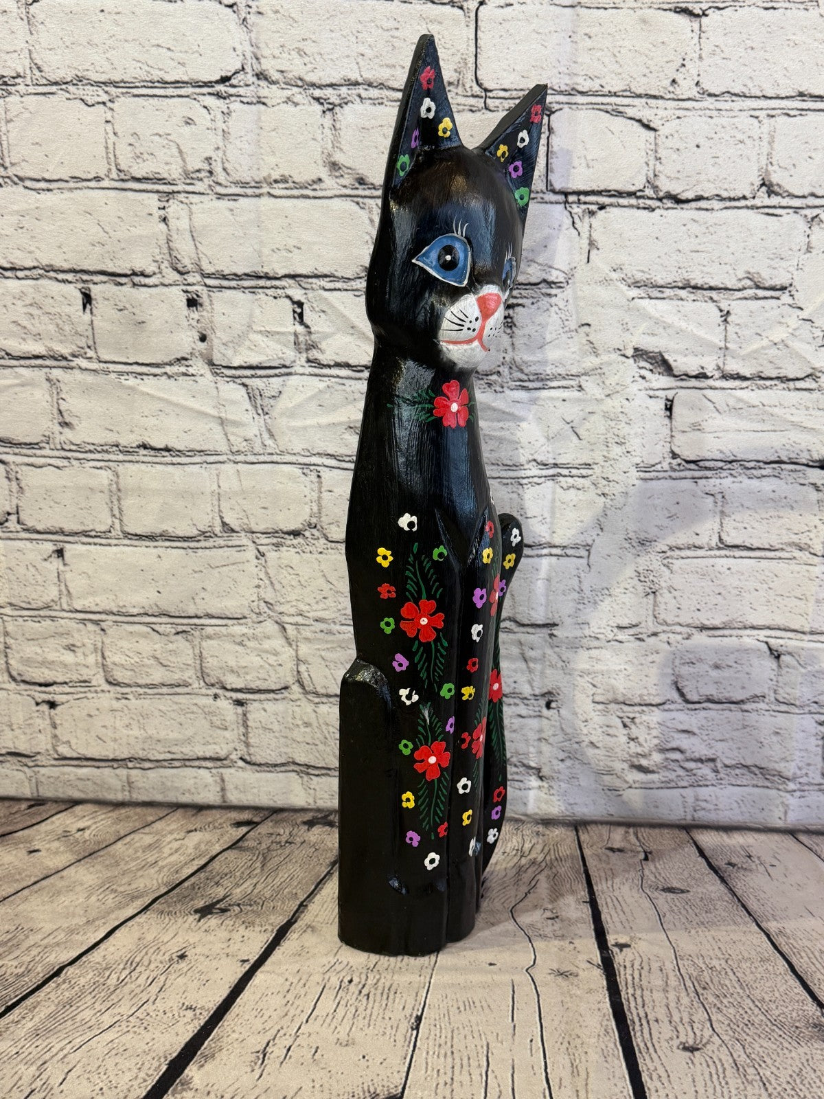 50cm Black Mix Flower Wooden Shabby Cat Statue Ornament Fair Trade Handcarved2
