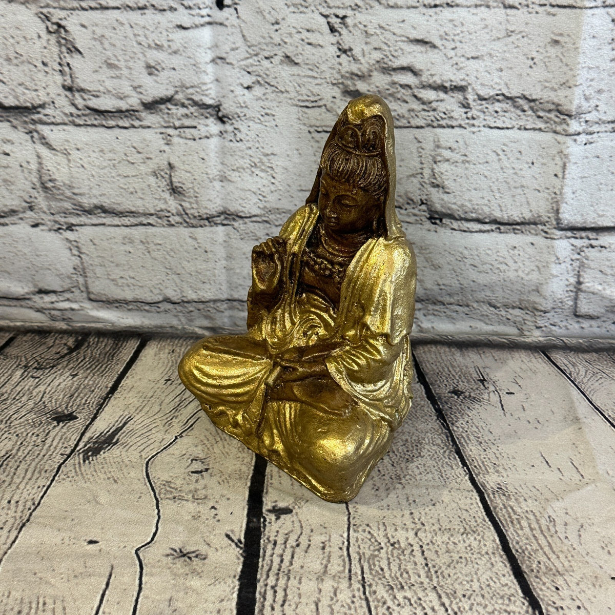 Gold & Bronze 18cm x 10cm Small Quan Yin Sitting Lotus Statue Resin Hindu God1