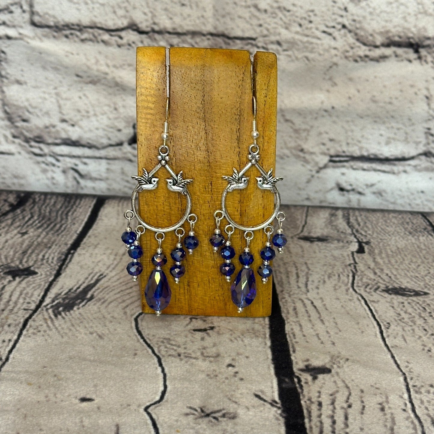 Dark Blue Drop Crystal Bird Dangle Drop Earrings Handmade UK Jewellery0