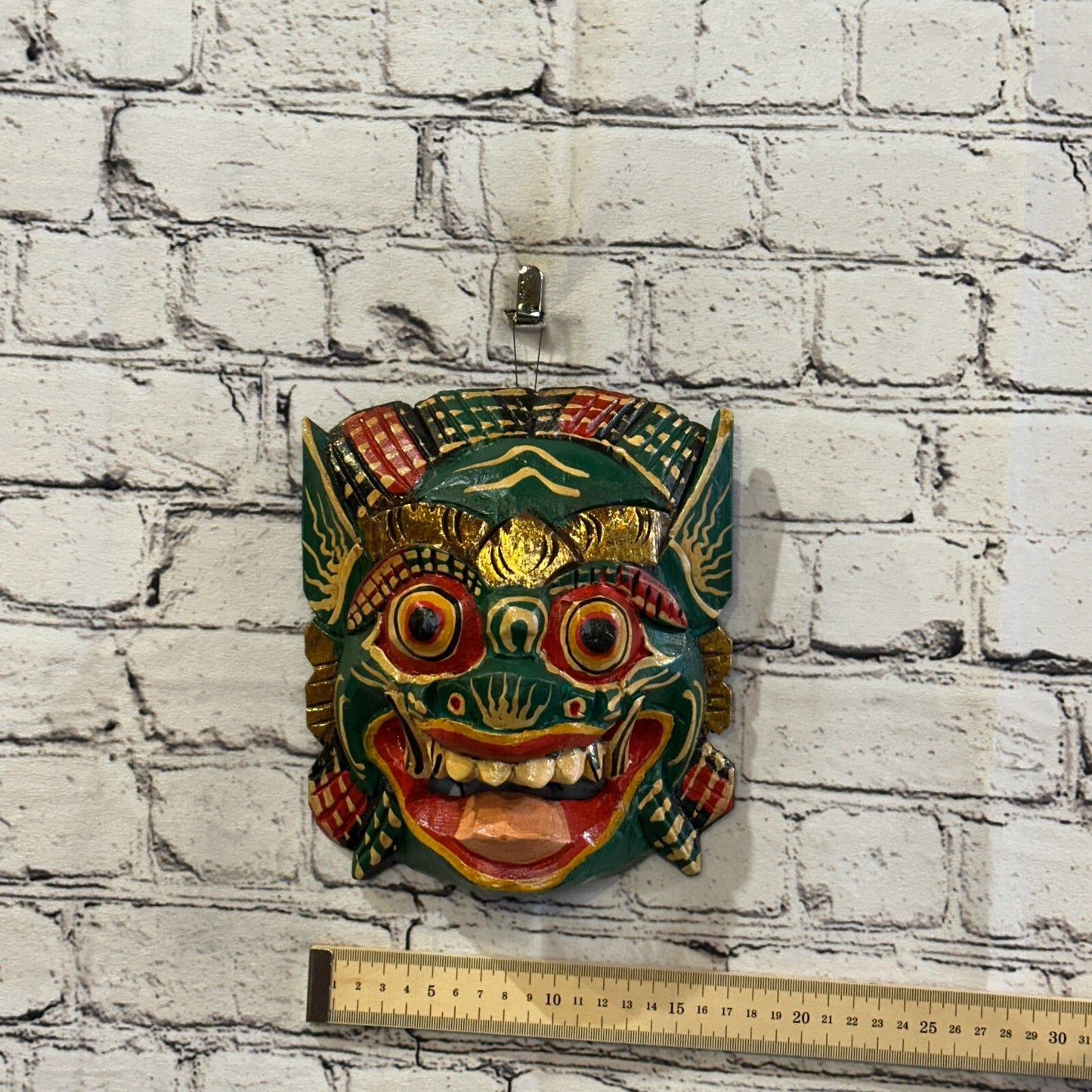 Large Wooden Green Barong Wall Mask 20cm x 20cm Handmade And Fairtrade Hindu4