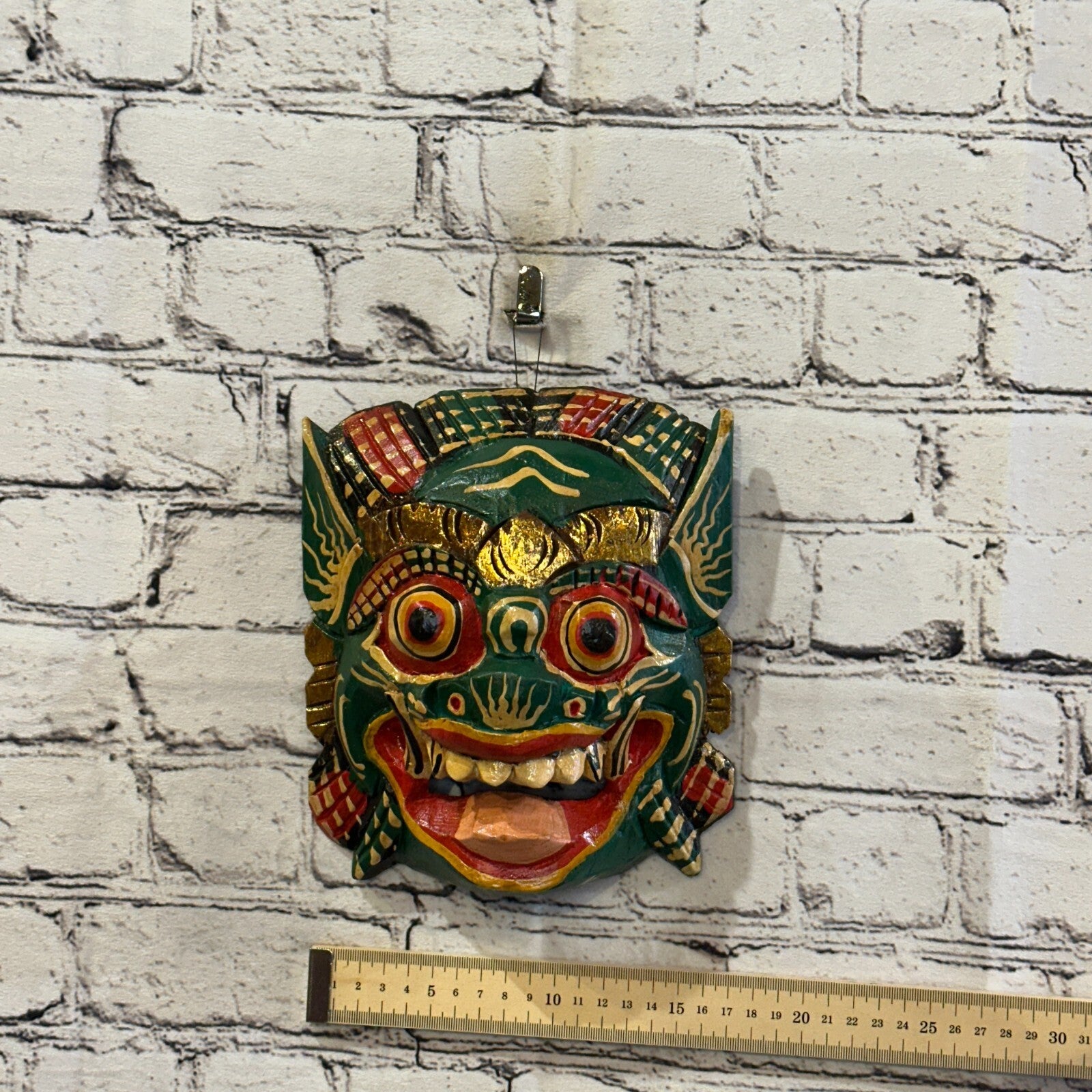Large Wooden Green Barong Wall Mask 20cm x 20cm Handmade And Fairtrade Hindu4