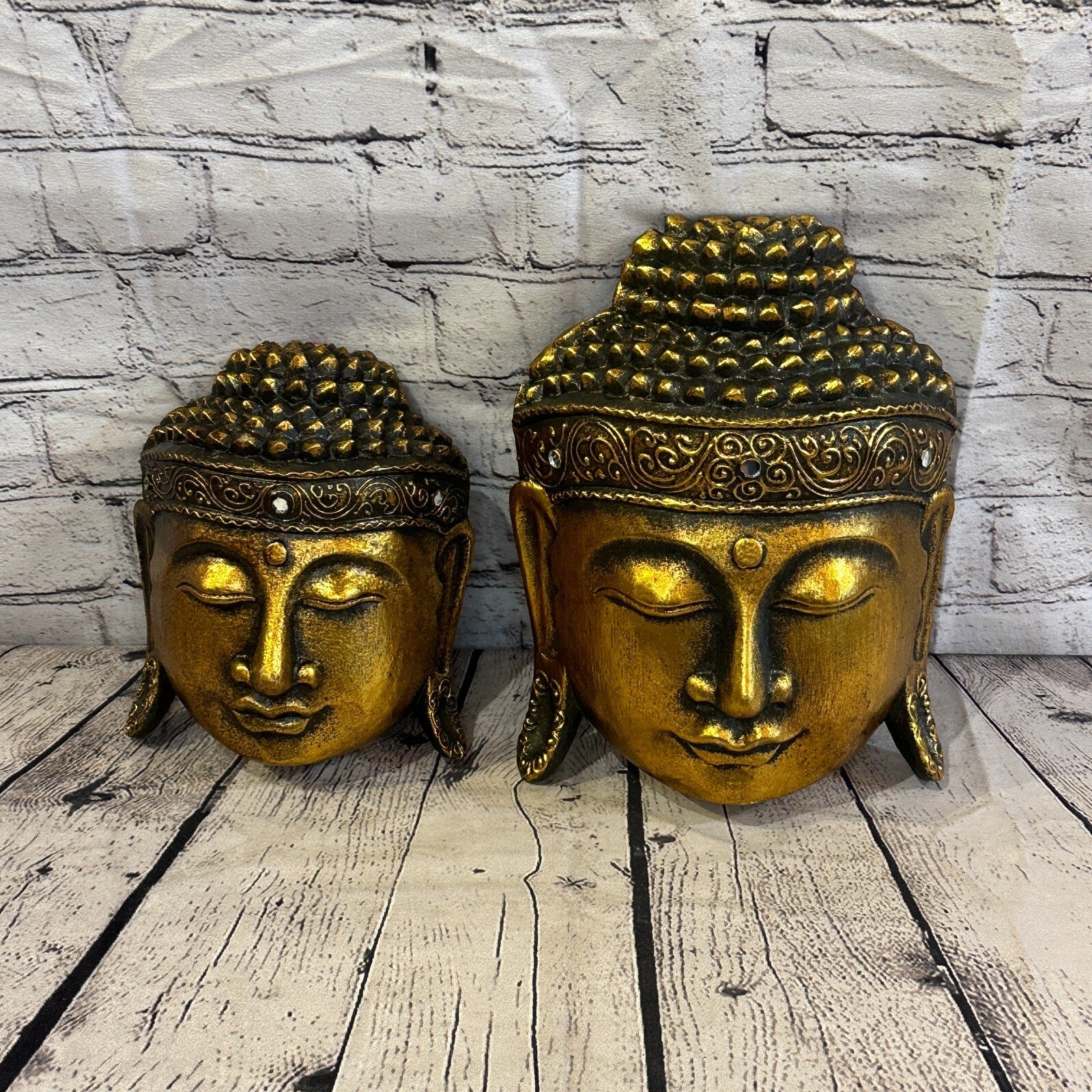 20cm Gold Buddha Head Mask Wooden Hanging Statue Figurine Ornament Fair Trade7