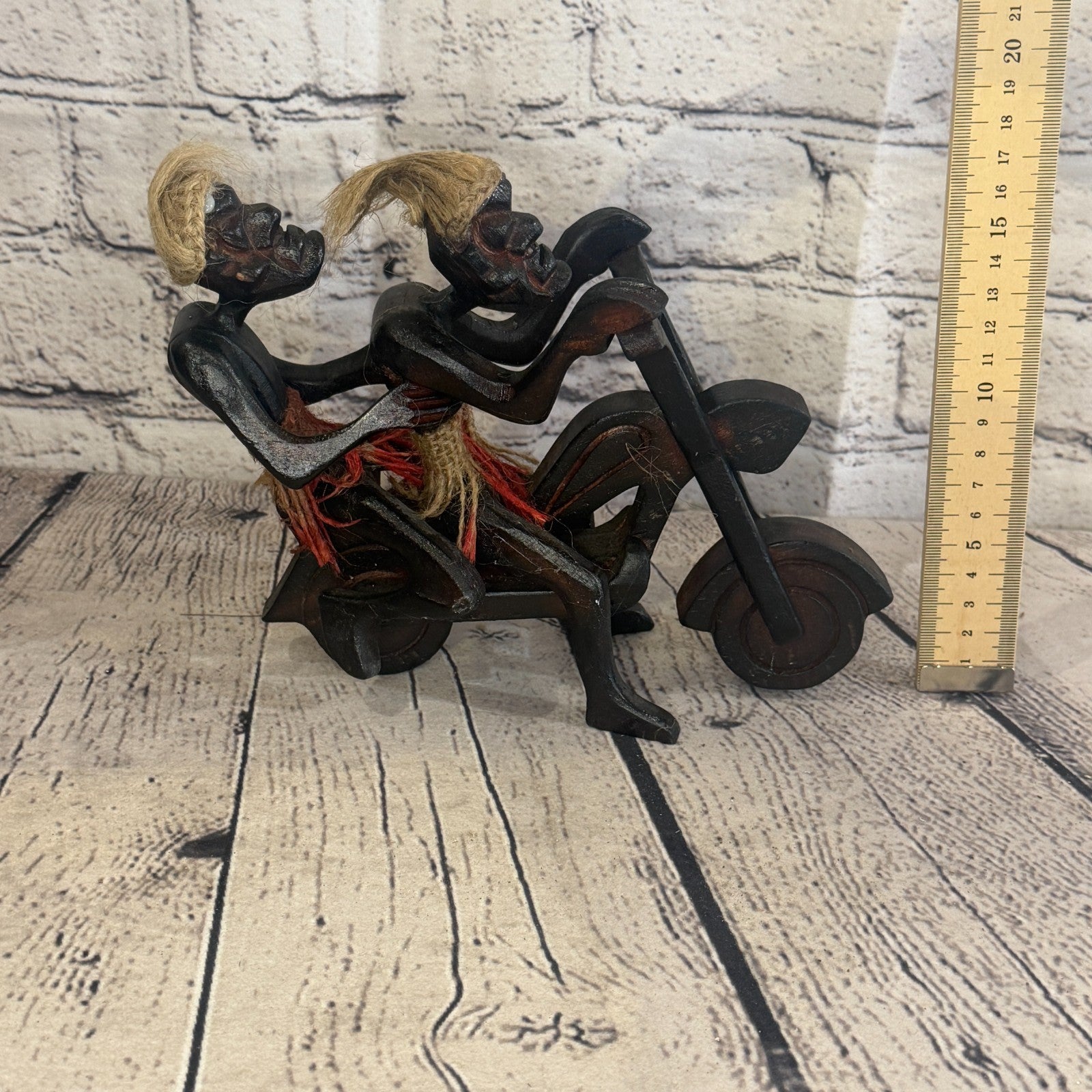 20cm Couple Motorbike African Tribal Warrior Man Figure Statue Wood Hand Carved5