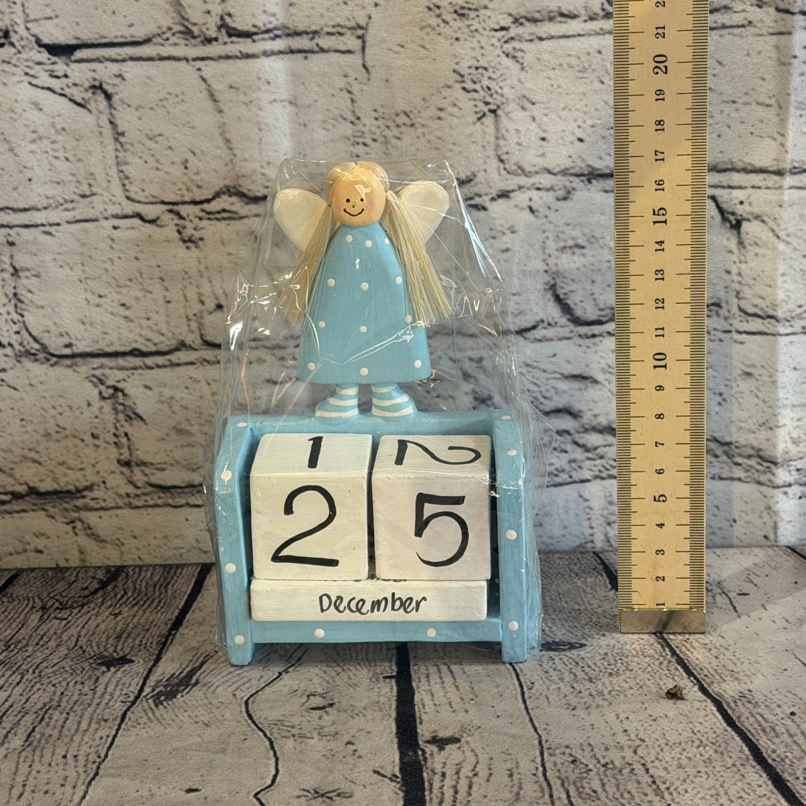 15cm Blue Hand Carved Painted Wooden Angel Block Calendar for Desk Display5