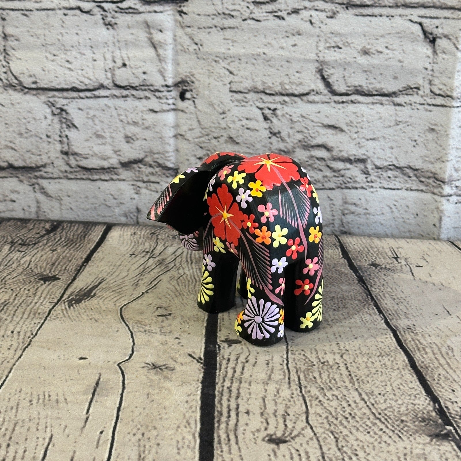 Black Wooden Elephant With Flower Pattern 10cm x 12cm Handmade and Fairtrade4