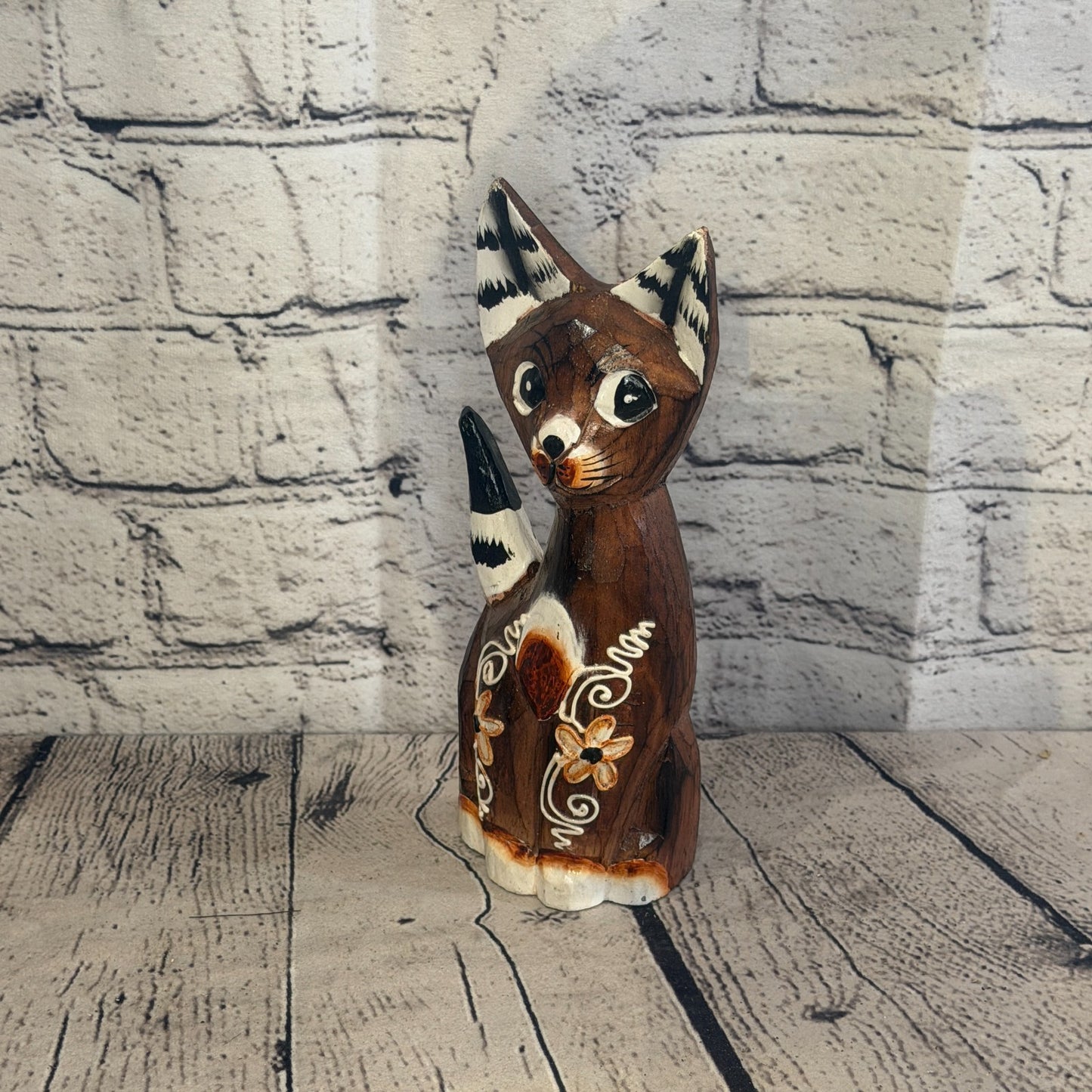 20cm Brown Flower Wooden Shabby Cat Statue Ornament Fair Trade Handcarved1