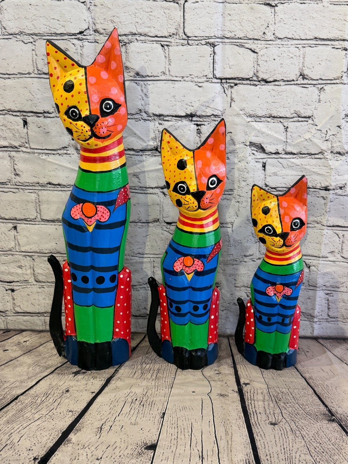 40cm Bright Mix Flower Wooden Shabby Cat Statue Ornament Fair Trade Handcarved8
