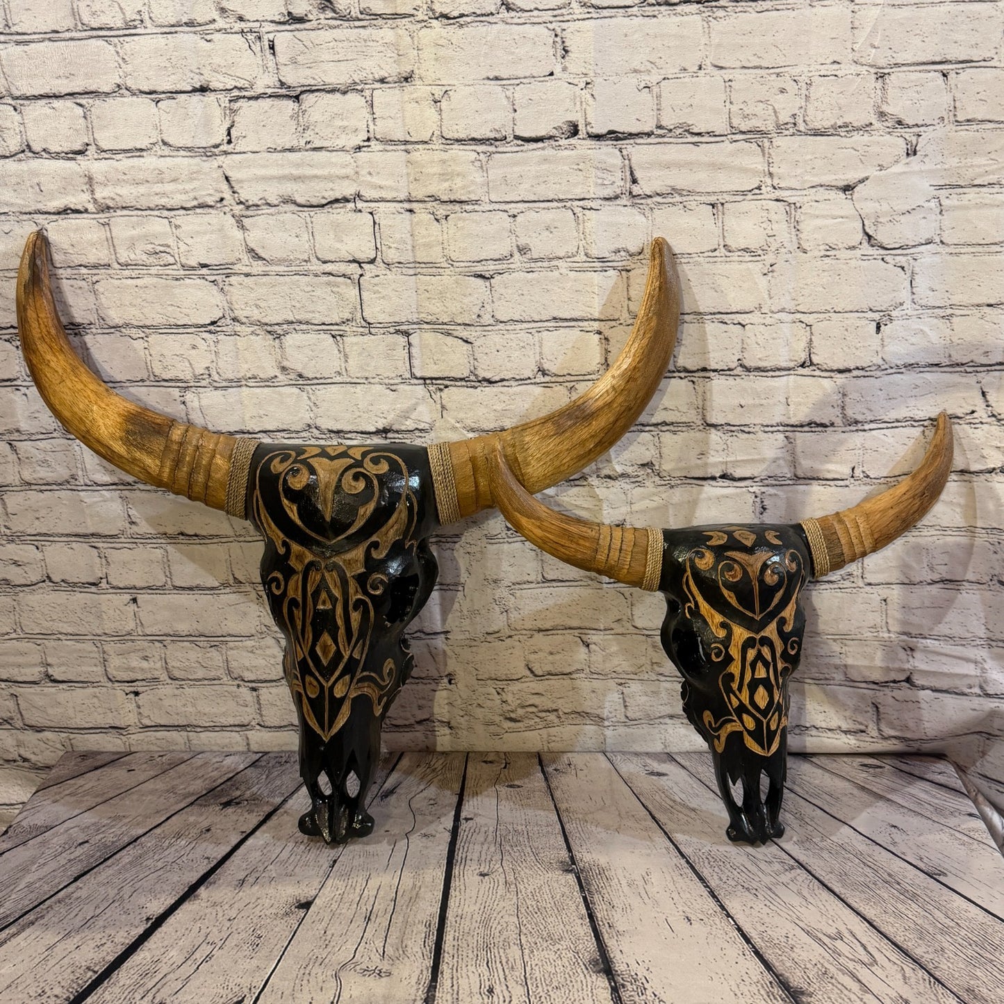 45cm x 45cm Brown Light Painted Wood Cow Skull Head Wall Mounted Art Shabby6