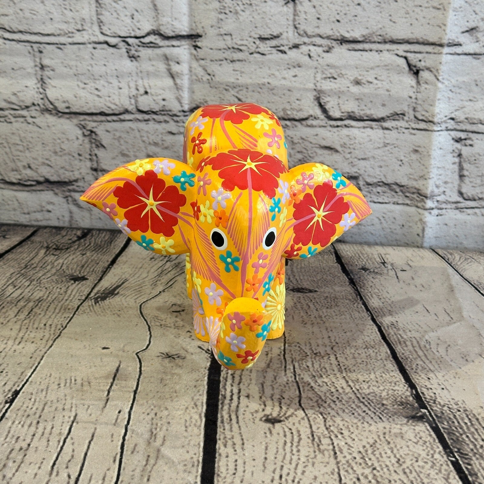 Orange Wooden Elephant With Flower Pattern 15cm x 18cm Handmade and Fairtrade1