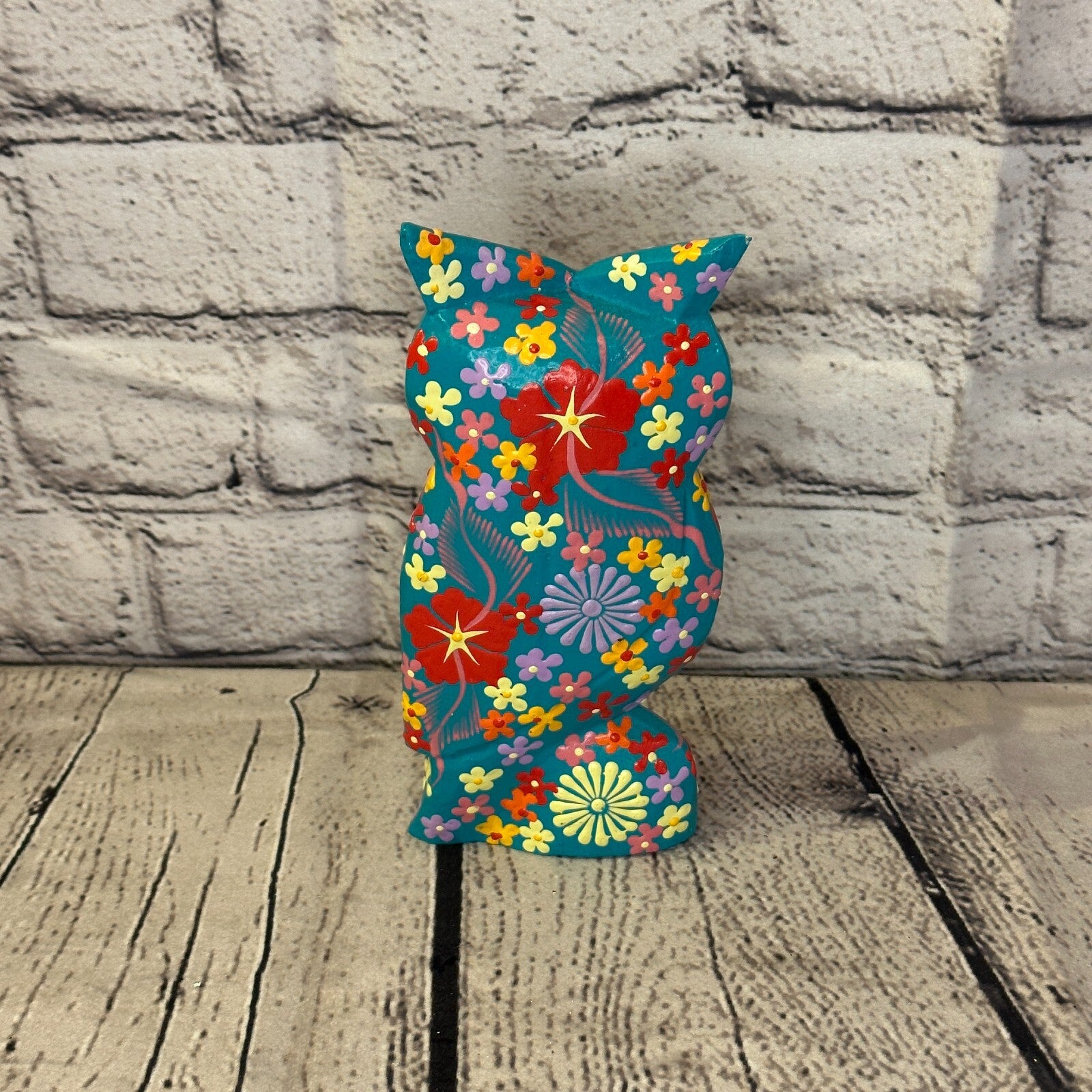 Blue Medium Wooden Owl With Flower Pattern 15cm x 8cm Handmade and Fairtrade4