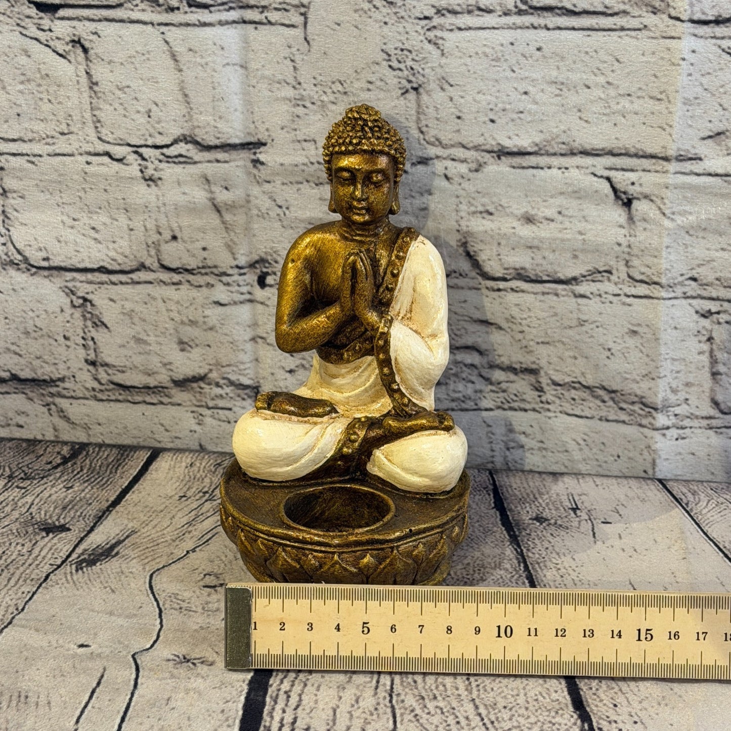 White & Bronze 20cm x 10cm Thai Buddha Tea Light Holder Statue Resin Hindu6