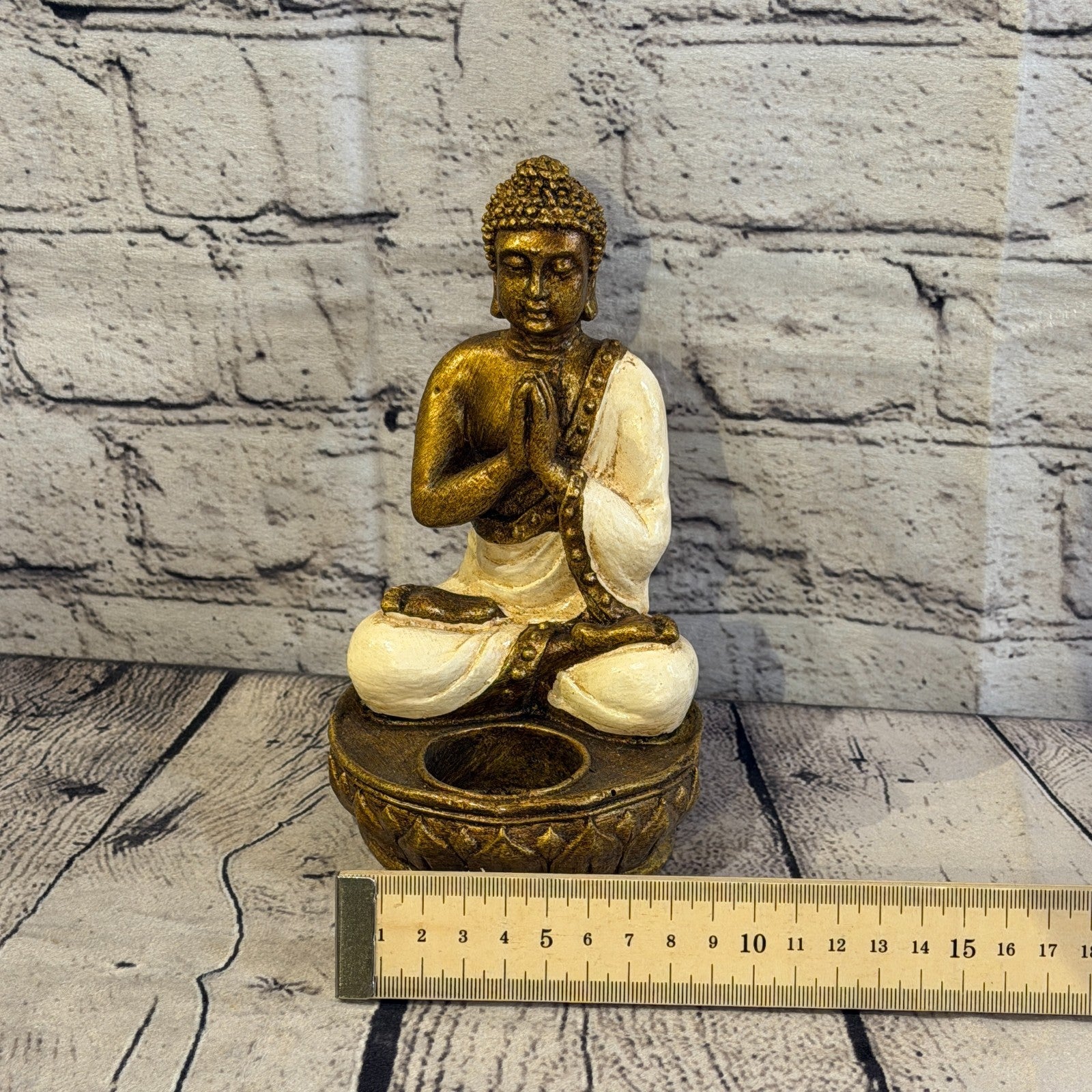 White & Bronze 20cm x 10cm Thai Buddha Tea Light Holder Statue Resin Hindu6