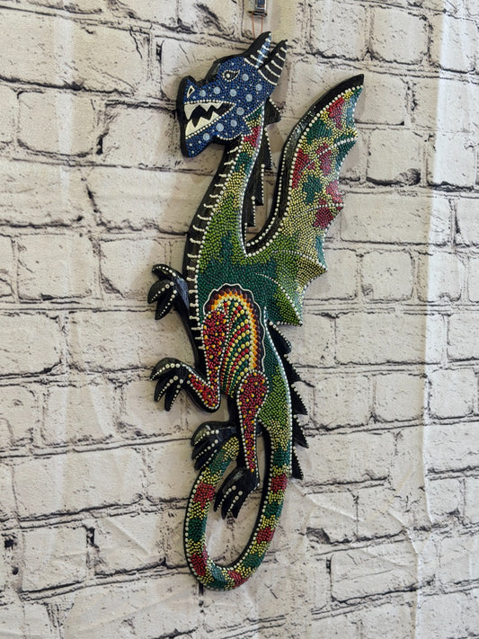 45cm Dragon Carved Wooden Dot Painted Ethnic Tribal Tiki Wall Art No 30