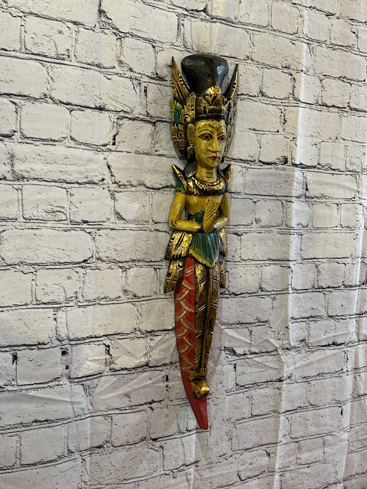 Old Antique Colour Sita Dewi Bali Rice Goddess Wings Mermaid Wood 60cm Pair1