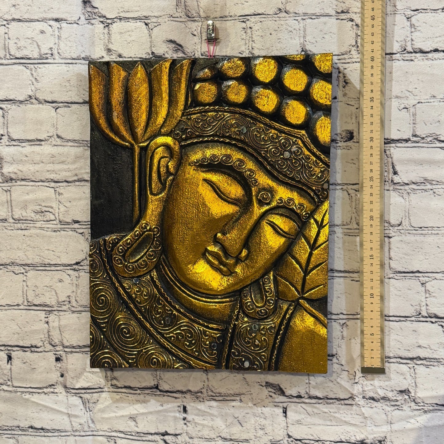 Wooden Wood Panel 40cm Gold Black Buddha Lotus Wall Art Plaque Handcarved4