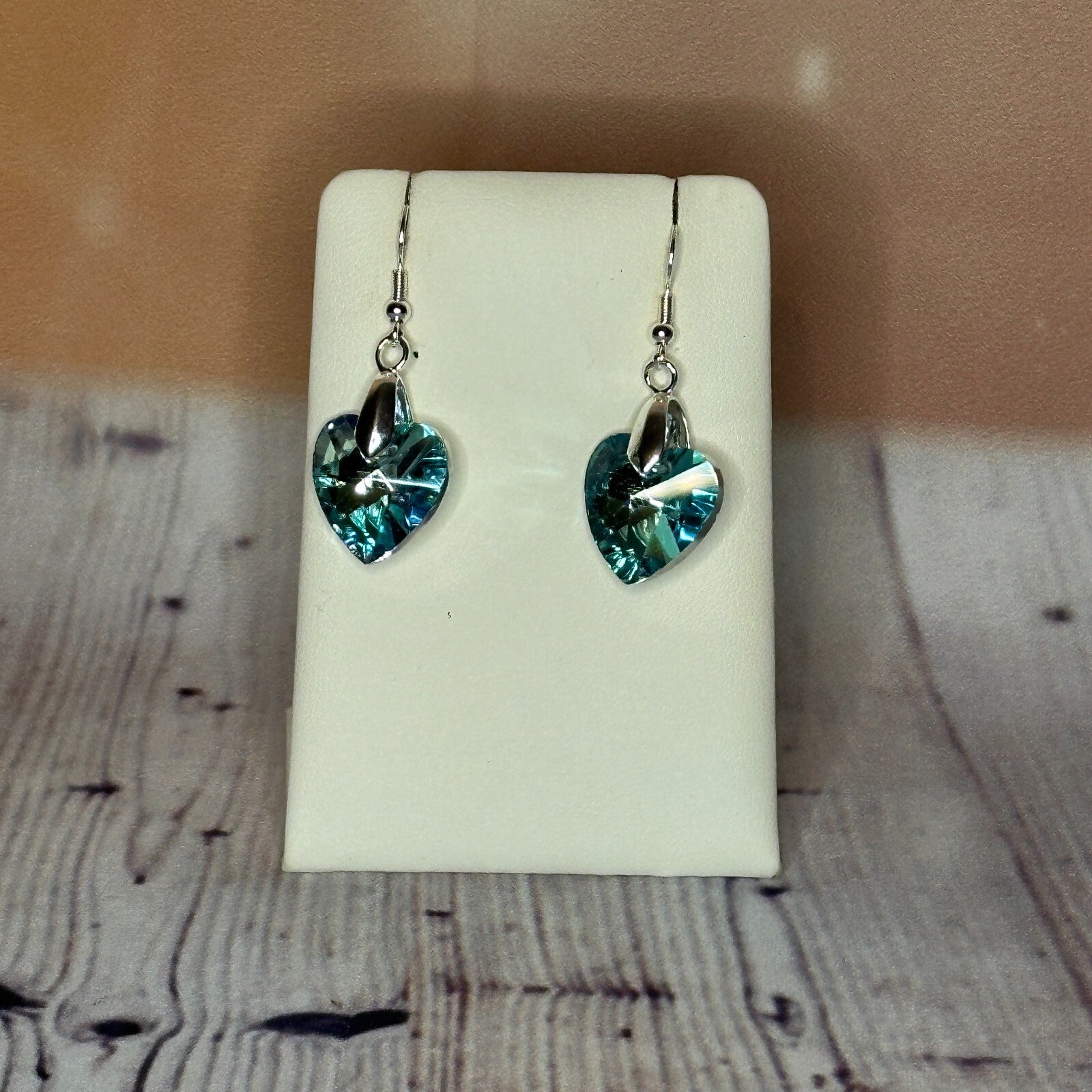 Light Blue Crystal Heart Shaped Dangle Drop Earrings Handmade UK Jewellery0