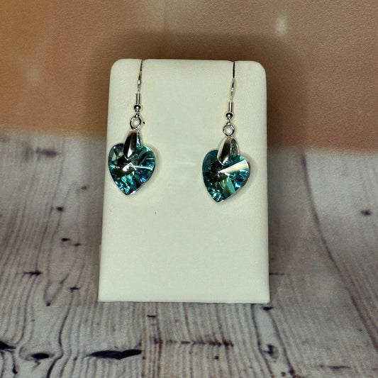 Light Blue Crystal Heart Shaped Dangle Drop Earrings Handmade UK Jewellery0