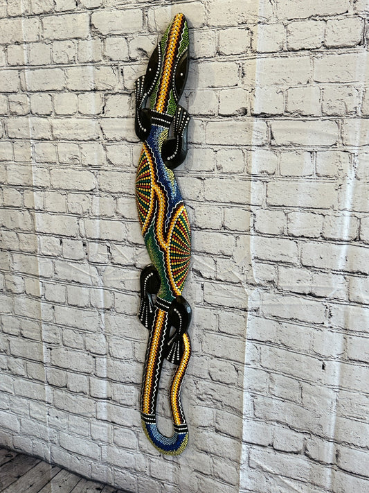 100cm Gecko Carved Wooden Dot Painted Ethnic Tribal Tiki Wall Art Handmade No 21