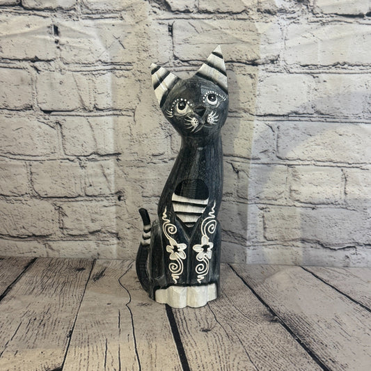 30cm Grey Flower Wooden Shabby Cat Statue Ornament Fair Trade Handcarved0