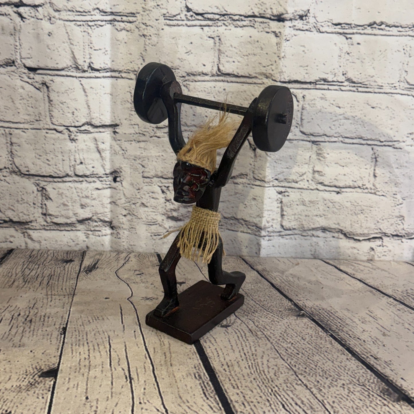 20cm Weight Lifting African Tribal Warrior Man Figure Statue Wood Hand Carved0