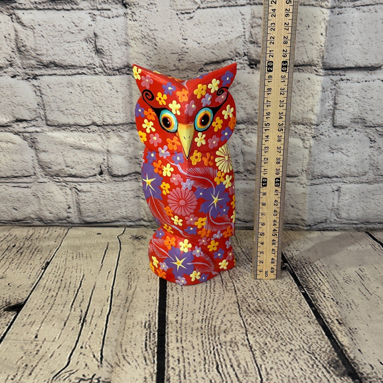 Red Large Wooden Owl With Flower Pattern 20cm x 8cm Handmade and Fairtrade5
