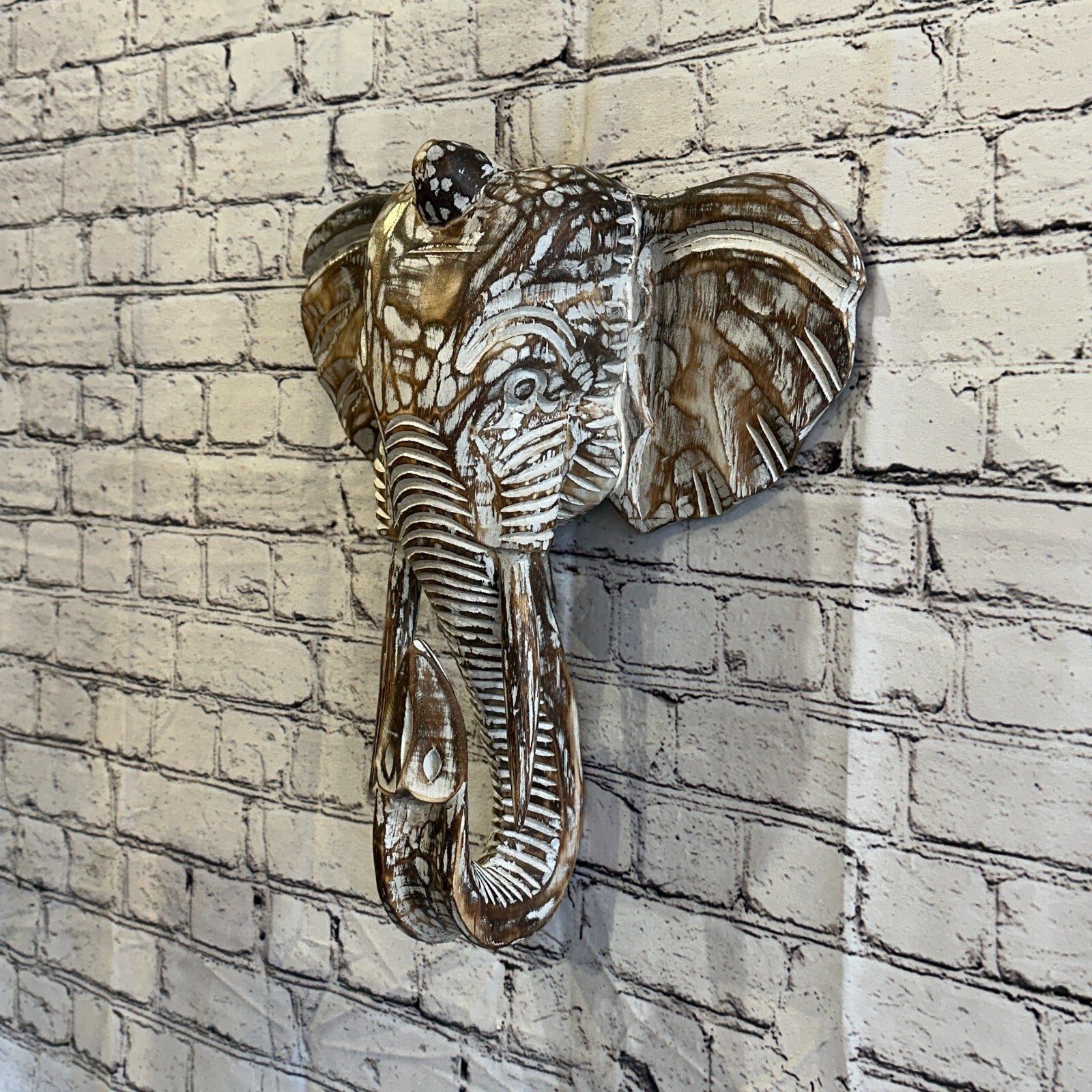 40cm x 35cm Brown Carved Wood Elephant Head Wall Mounted Art Large Shabby1