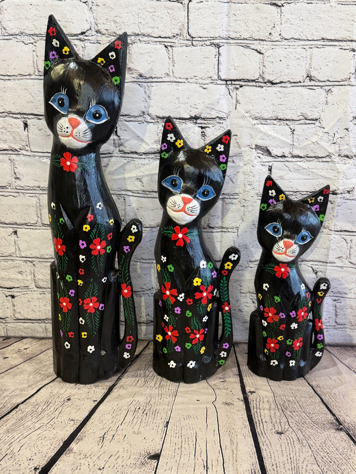 30cm Black Mix Flower Wooden Shabby Cat Statue Ornament Fair Trade Handcarved8