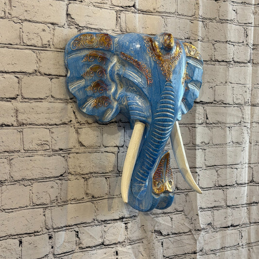 40cm x 40cm Blue Gold Painted Wood Elephant Head Wall Mounted Art Shabby0