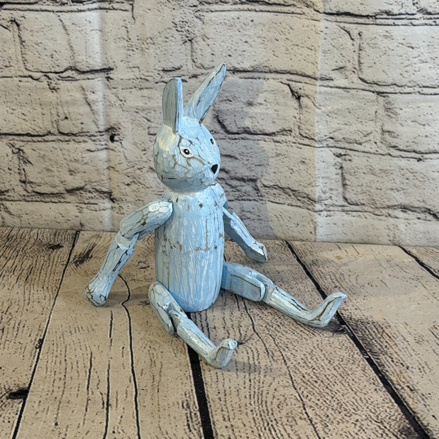 20cm Blue Bunny Rabbit Sitting Animal, Wooden Shelf Ornament Handmade Fairtrade2