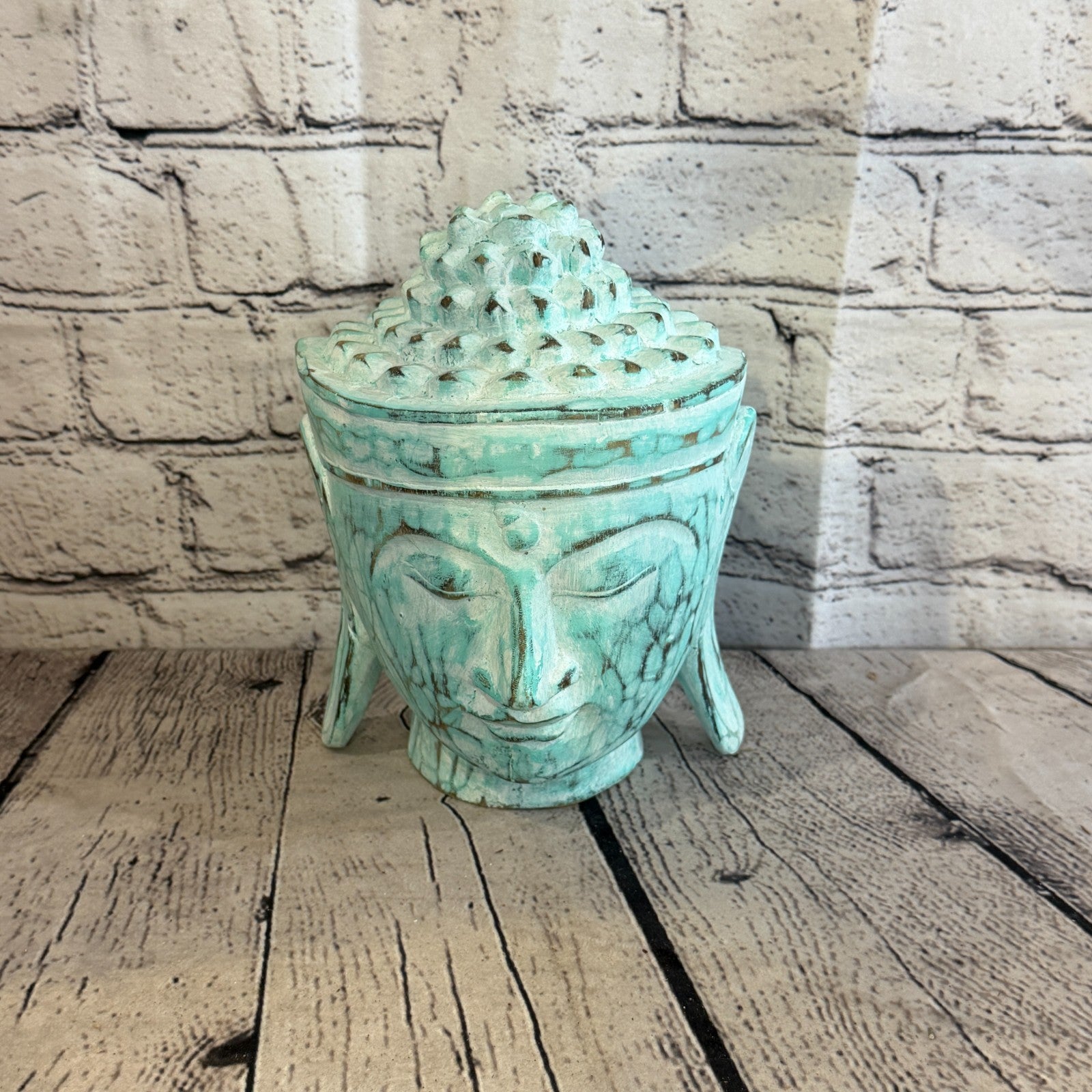 20cm Green Head Buddha Ornament Sculpture Statue Buddhas Hand Carved Wood1