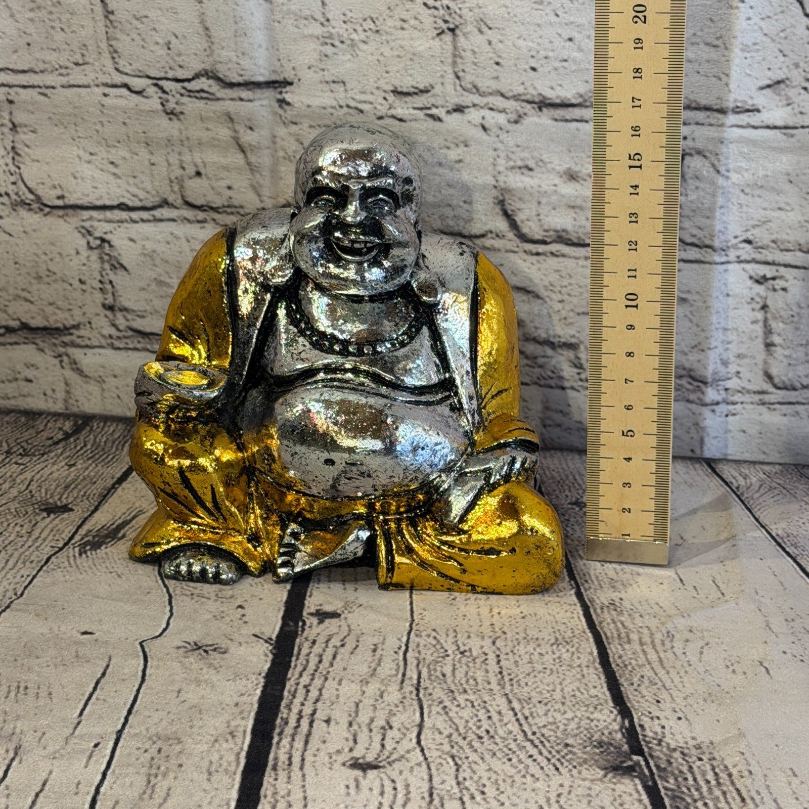 Silver And Gold 15cm x 15cm Large Chinese Buddha Sitting On Lotus Statue Resin5