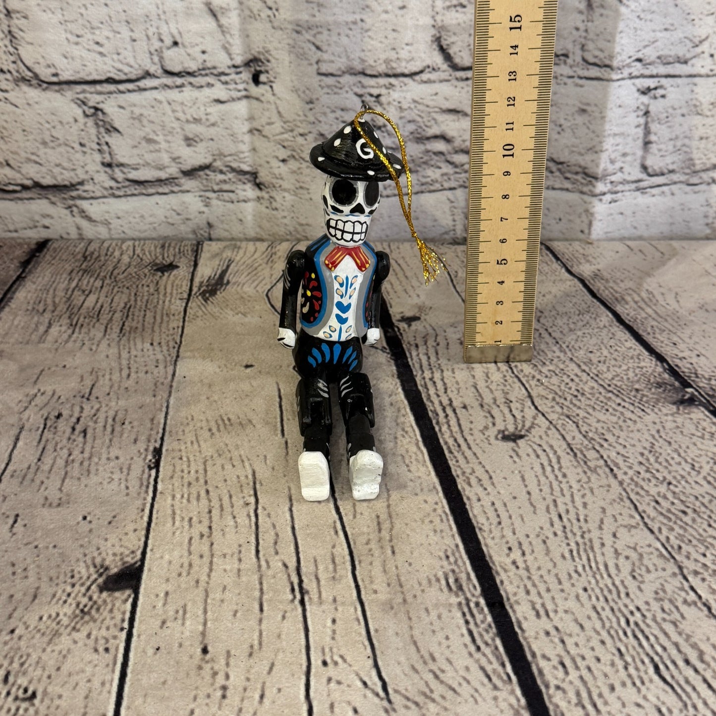 10cm Black Day Of The Dead Man Sitting Animal, Wooden Shelf Ornament Fairtrade4